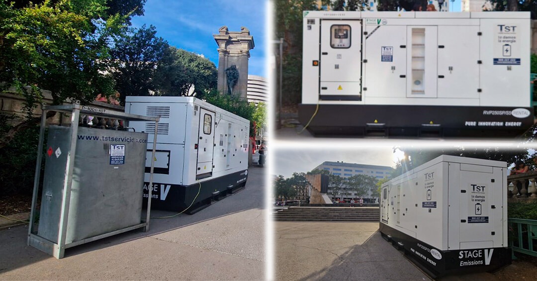 TST Servicios instala un grupo electrógeno Stage V en Plaça de Catalunya para el evento Festa de la Rumba Catalana